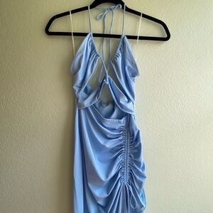 Light Blue Side Ruched Cut Out Bodycon Maxi Dress